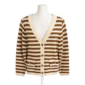 Grannycore Light Academia Cardigan Brown Stripe Pearl Buttons-Size Small